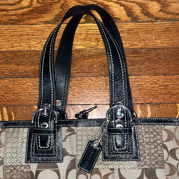 Coach Patchwork Canvas Tote with patent leather handles tag also silver hardware - Picture 4 of 7